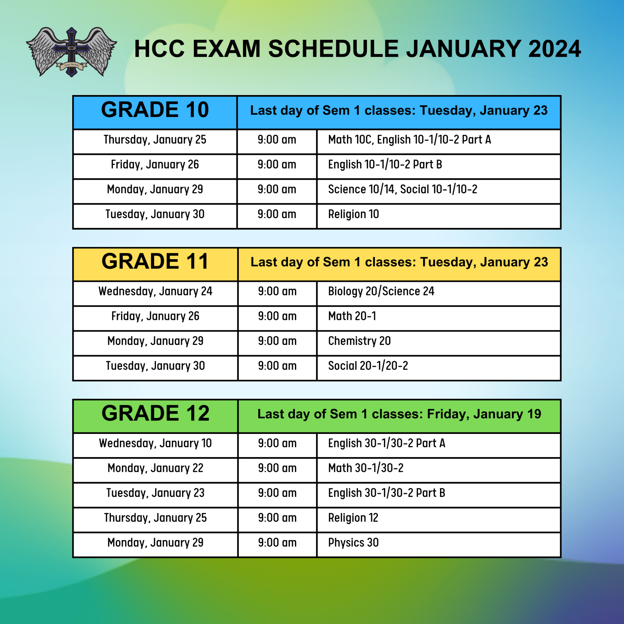 Jan 2024 Exam schedule SH
